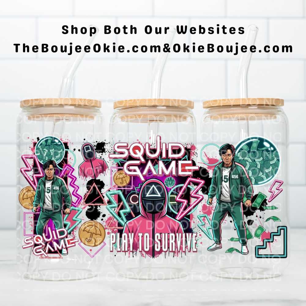 Image of Squid Game UV DTF Double-Sided Wrap – 16oz Glass Can & Tumbler Design.  W0625