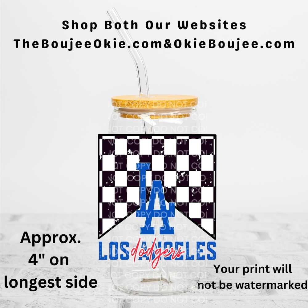 Image of LA Dodgers UV DTF Double-Sided Decal – 16oz Glass Can & Tumbler Design.  T8