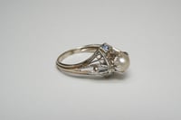 Image 2 of Art Deco 14k White Gold, Pearl, and Sapphire Filigree Ring