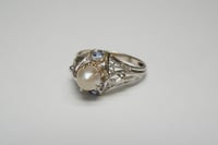 Image 1 of Art Deco 14k White Gold, Pearl, and Sapphire Filigree Ring