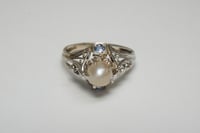 Image 3 of Art Deco 14k White Gold, Pearl, and Sapphire Filigree Ring
