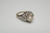 Image 4 of Art Deco 14k White Gold, Pearl, and Sapphire Filigree Ring