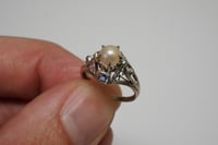 Image 5 of Art Deco 14k White Gold, Pearl, and Sapphire Filigree Ring