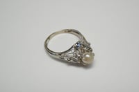 Image 8 of Art Deco 14k White Gold, Pearl, and Sapphire Filigree Ring