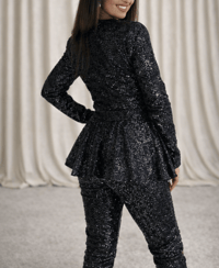 Image 2 of Black Hologram Sequin Peplum Suit Co-Ord Two Piece