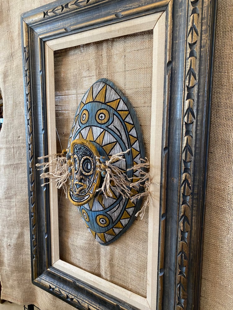 Image of 17” x 9.75” Sepik Phallacy Mask Wall Shield -  Orange/Bluish Turquoise (US Shipping Included)
