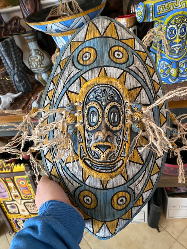 Image of 17” x 9.75” Sepik Phallacy Mask Wall Shield -  Orange/Bluish Turquoise (US Shipping Included)