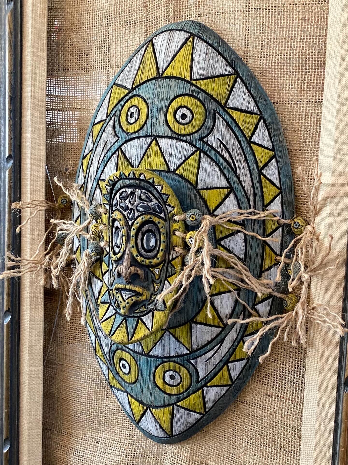Image of 16.5” x 9.75” Sepik Phallacy Wall Shield -  Turquoise/Yellow (US Shipping Included)
