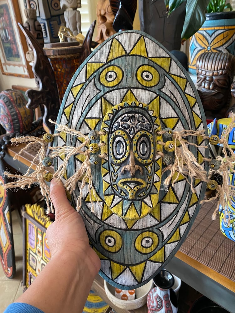 Image of 16.5” x 9.75” Sepik Phallacy Wall Shield -  Turquoise/Yellow (US Shipping Included)