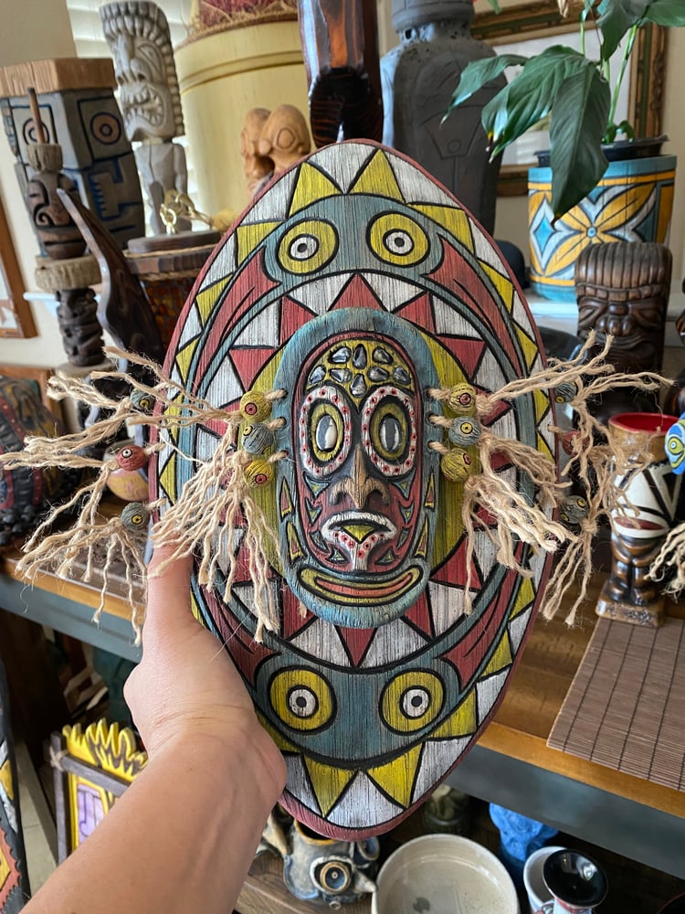 Image of 16.5” x 9.5” Sepik Phallacy Wall Shield -  Turquoise/Yellow/Red/White (US Shipping Included)