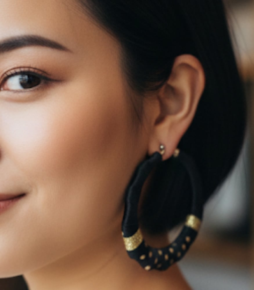 Image of Black & Gold Polka Dot Bamboo Hoop Earrings 1