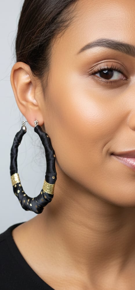 Image of Black & Gold Polka Dot Bamboo Hoop Earrings 1