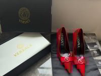 Image 1 of VERSACE 85mm Gianni Ribbon Pumps (Red)