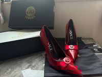 Image 3 of VERSACE 85mm Gianni Ribbon Pumps (Red)