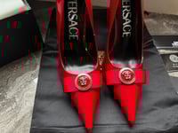Image 4 of VERSACE 85mm Gianni Ribbon Pumps (Red)