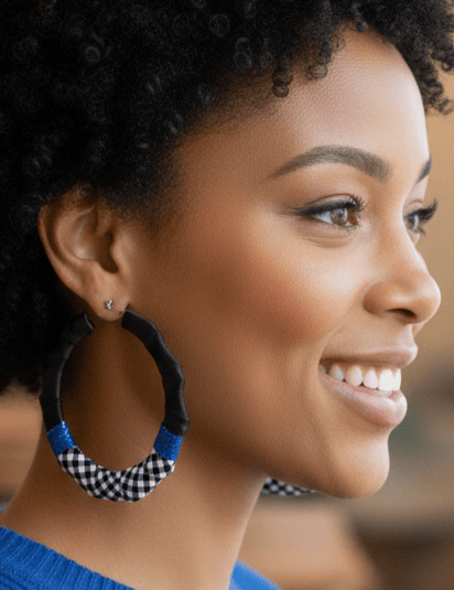 Image of Blue Checker Bamboo Hoop Earrings