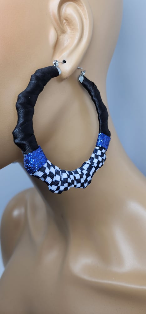 Image of Blue Checker Bamboo Hoop Earrings