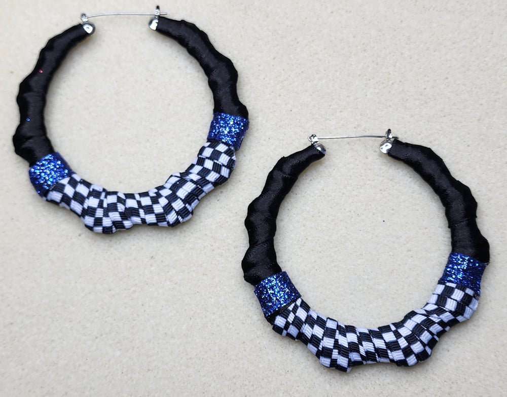 Image of Blue Checker Bamboo Hoop Earrings