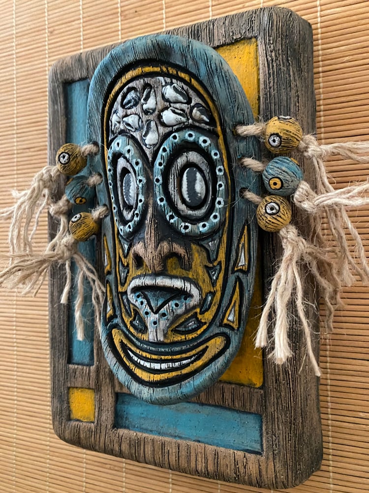 Image of 9” x 6” MCM Style Sepik Phallacy Mask Wall Hanger -  Turquoise/Orange/White