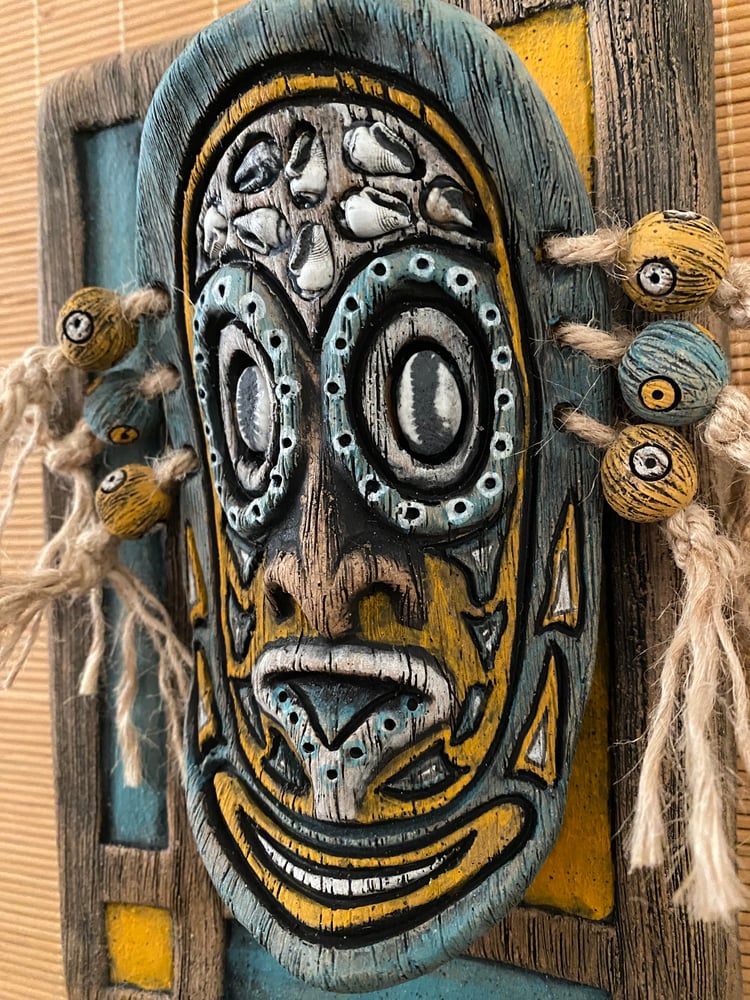 Image of 9” x 6” MCM Style Sepik Phallacy Mask Wall Hanger -  Turquoise/Orange/White