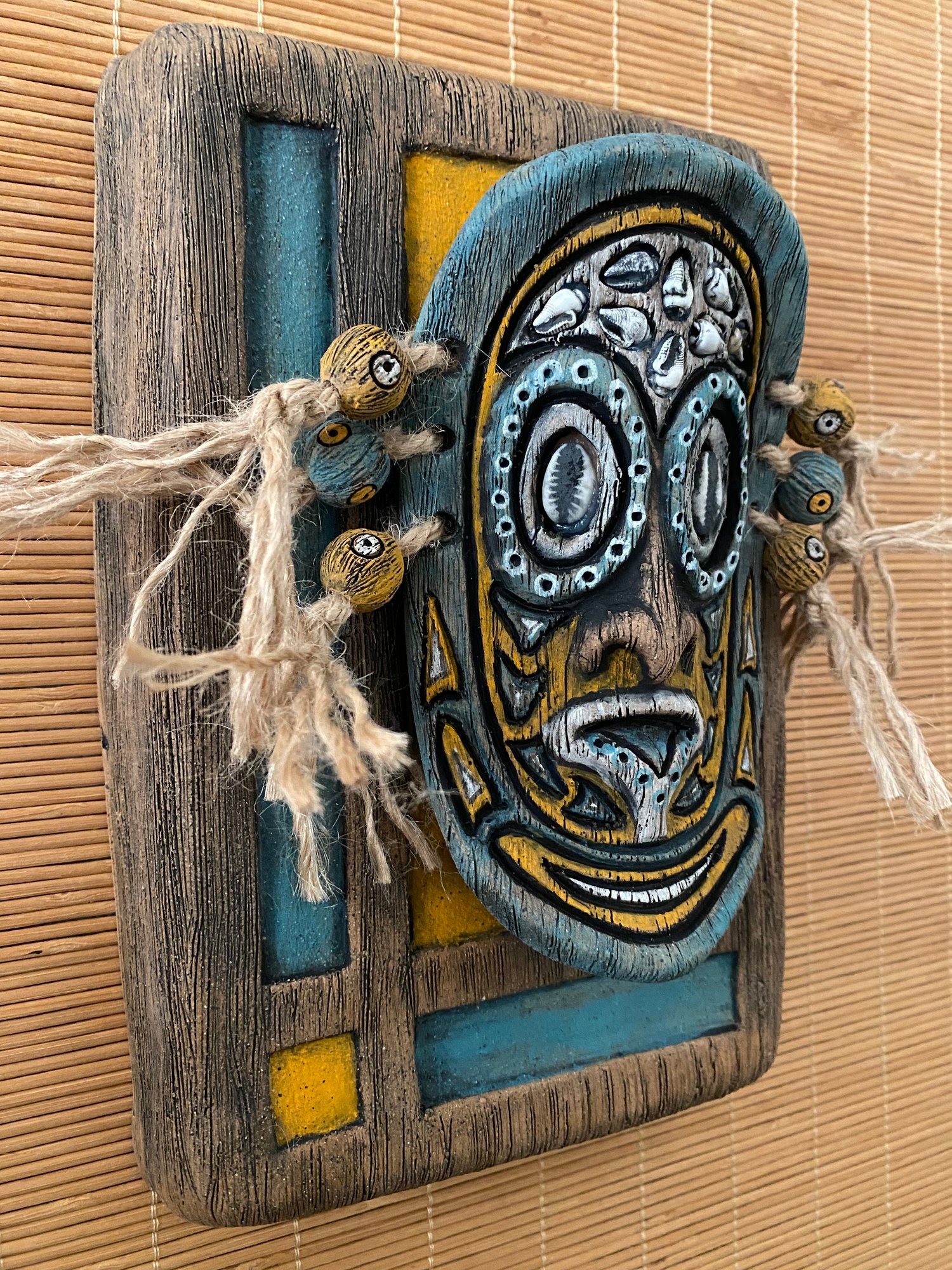 Image of 9” x 6” MCM Style Sepik Phallacy Mask Wall Hanger -  Turquoise/Orange/White