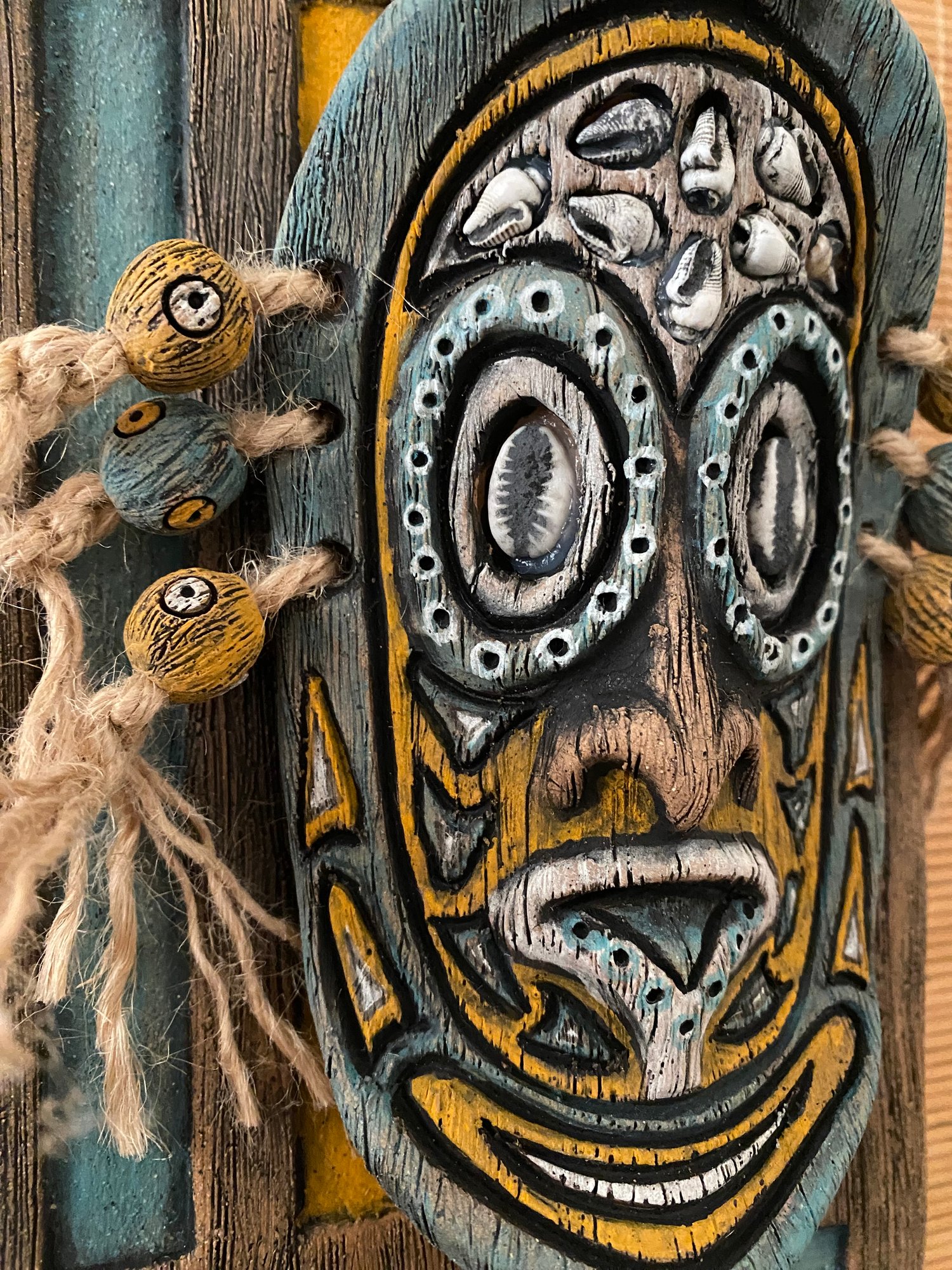 Image of 9” x 6” MCM Style Sepik Phallacy Mask Wall Hanger -  Turquoise/Orange/White
