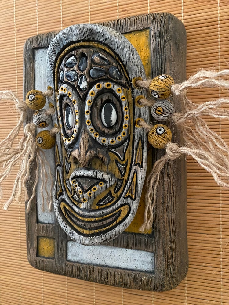 Image of 9” x 6” MCM Style Sepik Phallacy Mask Wall Hanger -  Orange/White