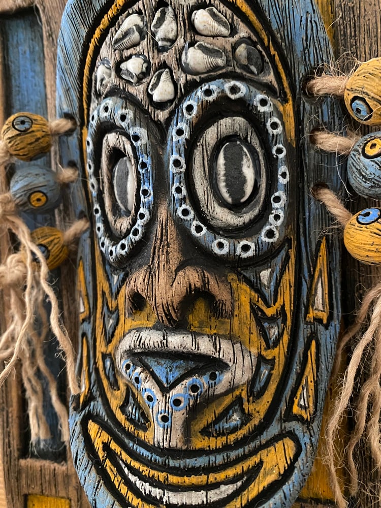 Image of 9” x 6” MCM Style Sepik Phallacy Mask Wall Hanger -  Blue/Orange/White