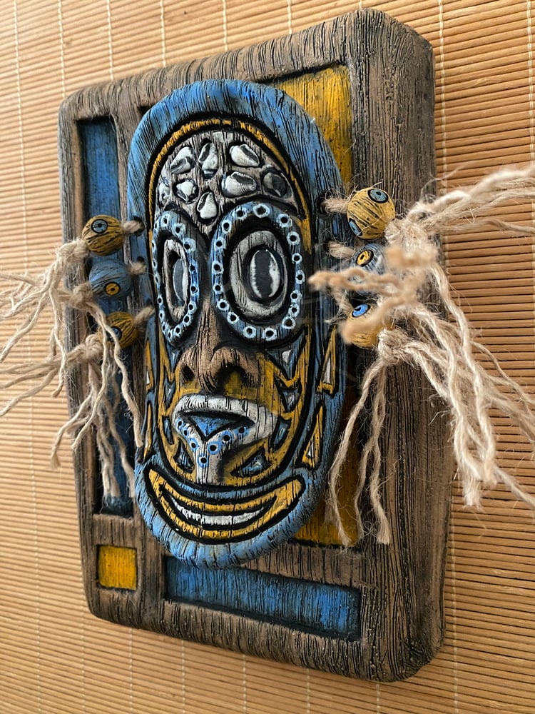 Image of 9” x 6” MCM Style Sepik Phallacy Mask Wall Hanger -  Blue/Orange/White