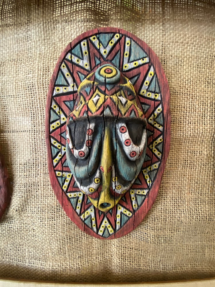 Image of 9” x 5” Handbuilt PNG Inspired Wall Mask - Turq/Red/Yellow - US Shipping Included 