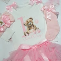 Image 1 of Baby Pink Teddy Bear First Birthday Tutu Set – 1st Birthday Outfit with Bow Vest