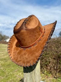 Image 1 of "Whiskey Neat XL" Burned Cowboy Hat, Whipstitched Suede Hat, Turquoise Leather Stitched Hat