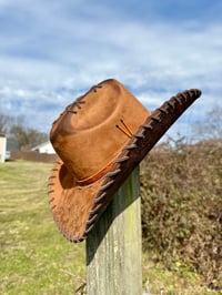 Image 2 of "Whiskey Neat XL" Burned Cowboy Hat, Whipstitched Suede Hat, Turquoise Leather Stitched Hat