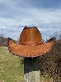 Image 5 of "Whiskey Neat XL" Burned Cowboy Hat, Whipstitched Suede Hat, Turquoise Leather Stitched Hat