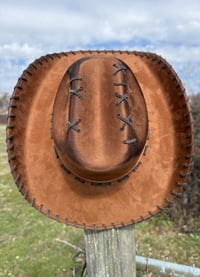 Image 4 of "Whiskey Neat XL" Burned Cowboy Hat, Whipstitched Suede Hat, Turquoise Leather Stitched Hat
