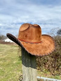 Image 6 of "Whiskey Neat XL" Burned Cowboy Hat, Whipstitched Suede Hat, Turquoise Leather Stitched Hat