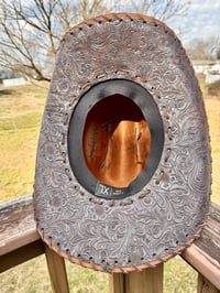Image 3 of "Whiskey Neat XL" Burned Cowboy Hat, Whipstitched Suede Hat, Turquoise Leather Stitched Hat