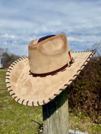 Image 1 of "Whiskey Neat" Burned Cowboy Hat, Whipstitched Suede Hat, Turquoise Leather Stitched Hat