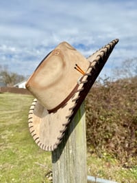 Image 3 of "Whiskey Neat" Burned Cowboy Hat, Whipstitched Suede Hat, Turquoise Leather Stitched Hat
