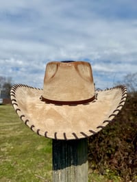 Image 4 of "Whiskey Neat" Burned Cowboy Hat, Whipstitched Suede Hat, Turquoise Leather Stitched Hat