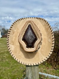 Image 5 of "Whiskey Neat" Burned Cowboy Hat, Whipstitched Suede Hat, Turquoise Leather Stitched Hat