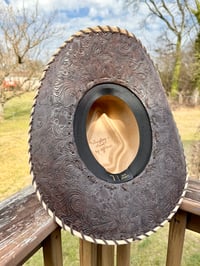 Image 6 of "Whiskey Neat" Burned Cowboy Hat, Whipstitched Suede Hat, Turquoise Leather Stitched Hat