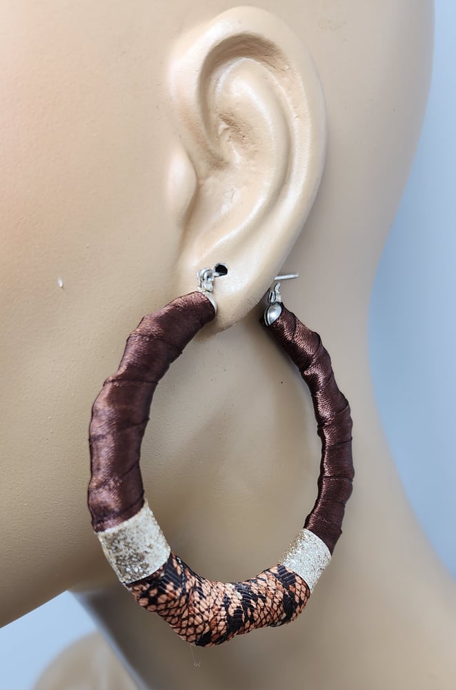 Image of Brown Snake Print Bamboo Hoop Earrings