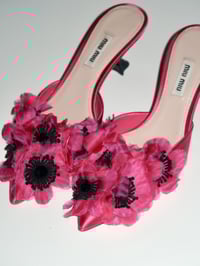 Image 2 of *RARE* MiuMiu Hot Pink Satin Flower Embellished Pointy Toe Mules - EU 36.5