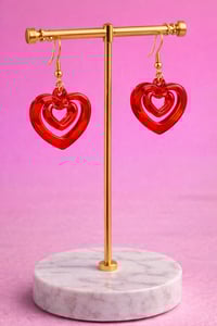 Image 2 of Red Acrylic Heart-Shaped Dangle Earrings