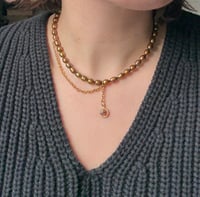 Image 1 of Pearls, Chain, and Charm Necklace (Brown / Tiger's Eye)