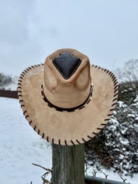 Image 7 of "Whiskey Neat" Burned Cowboy Hat, Whipstitched Suede Hat, Turquoise Leather Stitched Hat