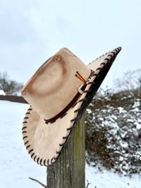 Image 8 of "Whiskey Neat" Burned Cowboy Hat, Whipstitched Suede Hat, Turquoise Leather Stitched Hat