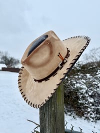 Image 9 of "Whiskey Neat" Burned Cowboy Hat, Whipstitched Suede Hat, Turquoise Leather Stitched Hat