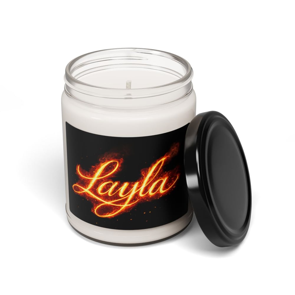 Image of Personalized 'Layla' Scented Soy Candle — 9oz Decorative Jar Candle with Fiery Script Label